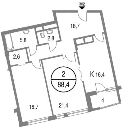 Двухкомнатная квартира 88.4 м²