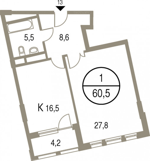 Однокомнатная квартира 60.5 м²
