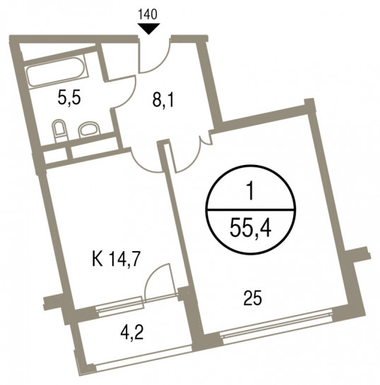 Однокомнатная квартира 55.4 м²