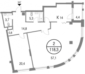 Двухкомнатная квартира 118.3 м²